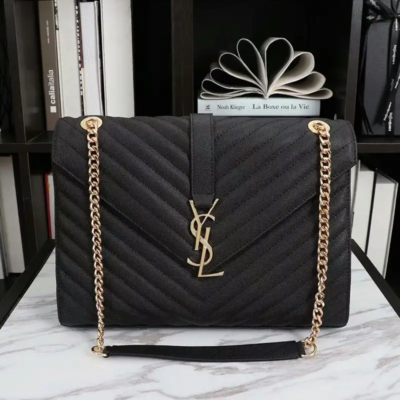 Saint Laurent Large Envelope Chain Bag In Textured Matelasse Leather Black Gold