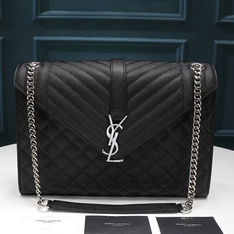 Saint Laurent Large Envelope Chain Bag In Mixed Grained Matelasse Leather Black Silver