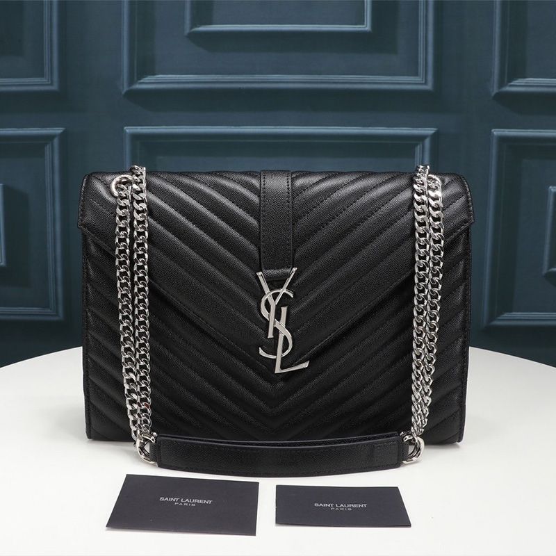 Saint Laurent Large Envelope Chain Bag In Textured Matelasse Leather Black Silver