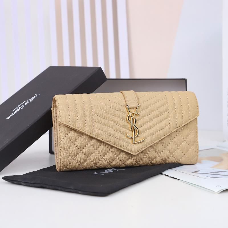 Saint Laurent Large Envelope Flap Wallet In Mixed Grained Matelasse Leather Apricot Gold