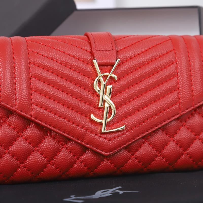 Saint Laurent Large Envelope Flap Wallet In Mixed Grained Matelasse Leather Red Gold