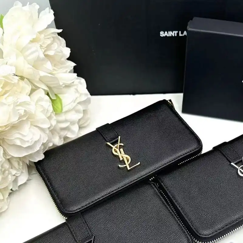 Saint Laurent Large Line Zip Around Wallet In Grained Leather Black Gold