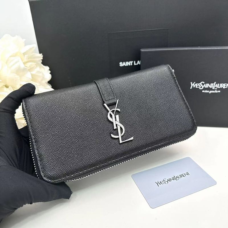 Saint Laurent Large Line Zip Around Wallet In Grained Leather Black Silver