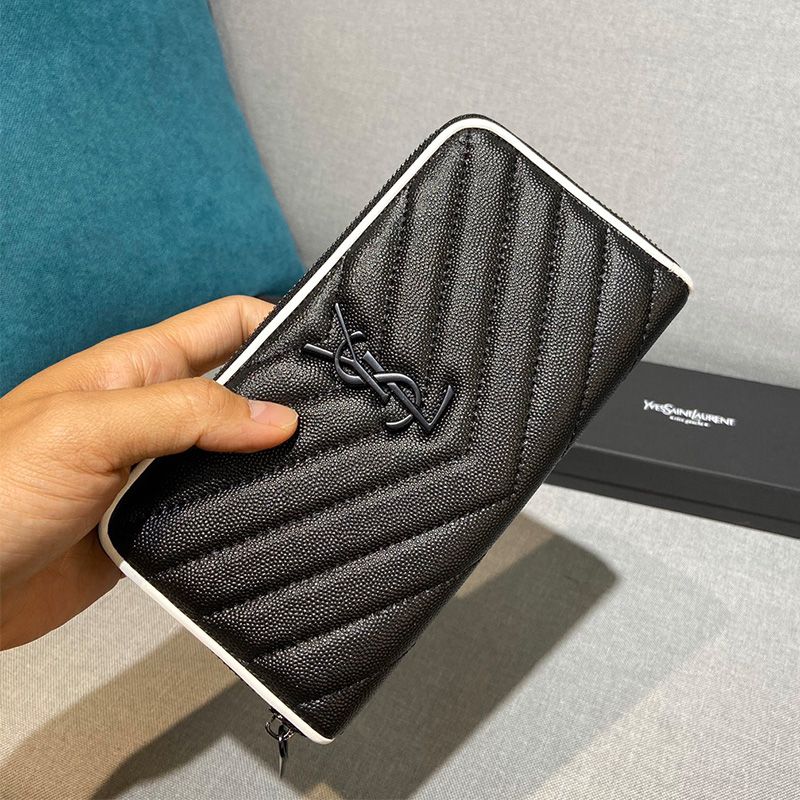 Saint Laurent Large Monogram Zip Around Wallet In Grained Matelasse Leather Black White