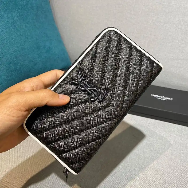 Saint Laurent Large Monogram Zip Around Wallet In Grained Matelasse Leather Black White