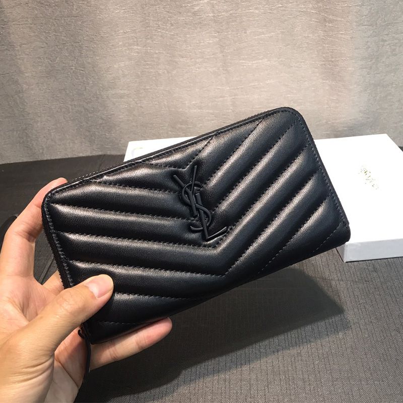 Saint Laurent Large Monogram Zip Around Wallet In Matelasse Leather Black