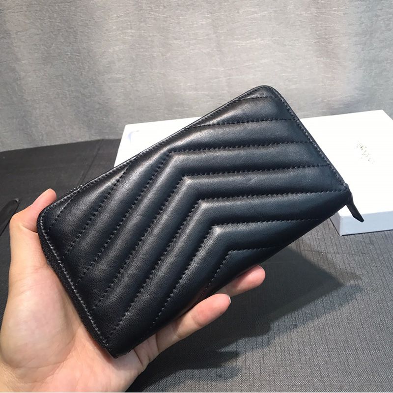 Saint Laurent Large Monogram Zip Around Wallet In Matelasse Leather Black