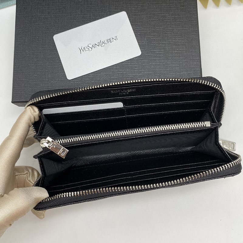 Saint Laurent Large Monogram Zip Around Wallet In Grained Matelasse Leather Black Silver