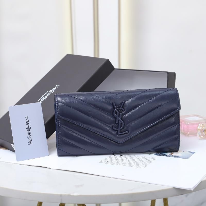 Saint Laurent Large Monogram Flap Wallet In Crinkled Matelasse Leather Navy Blue