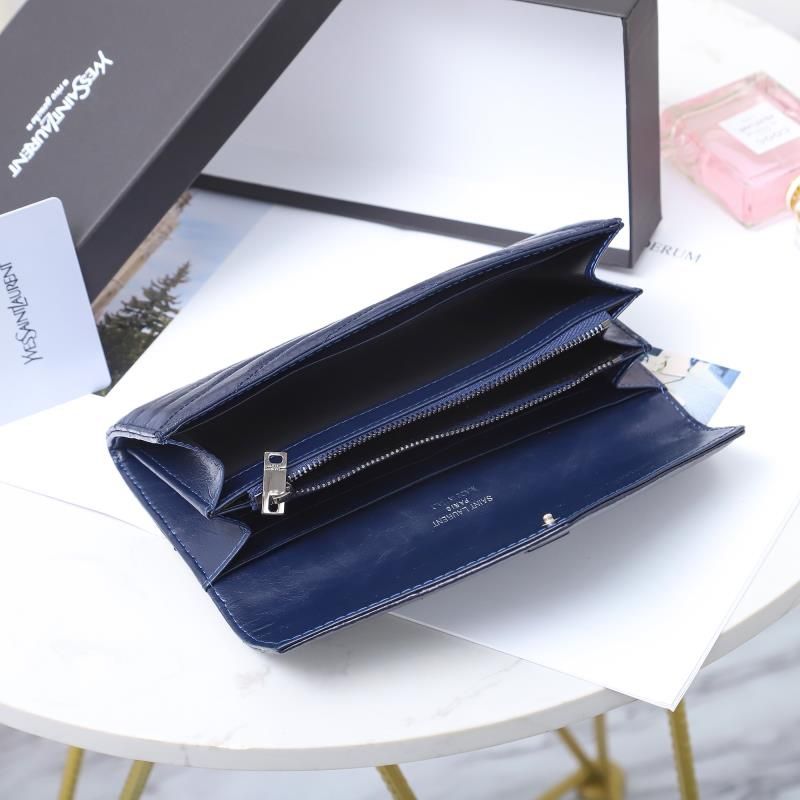 Saint Laurent Large Monogram Flap Wallet In Crinkled Matelasse Leather Navy Blue