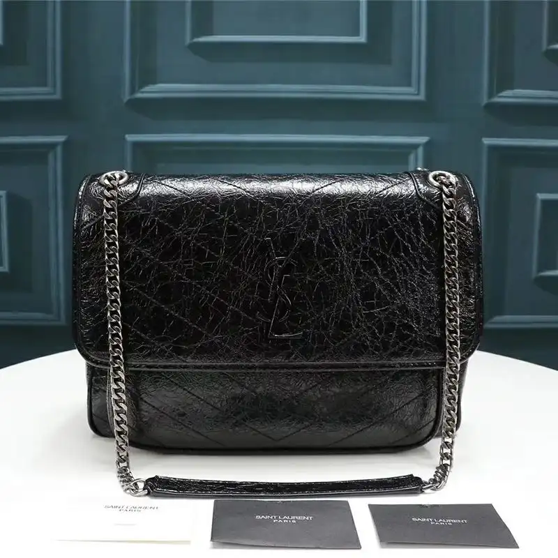 Saint Laurent Large Niki Chain Bag In Crinkled And Quilted Leather Black Silver