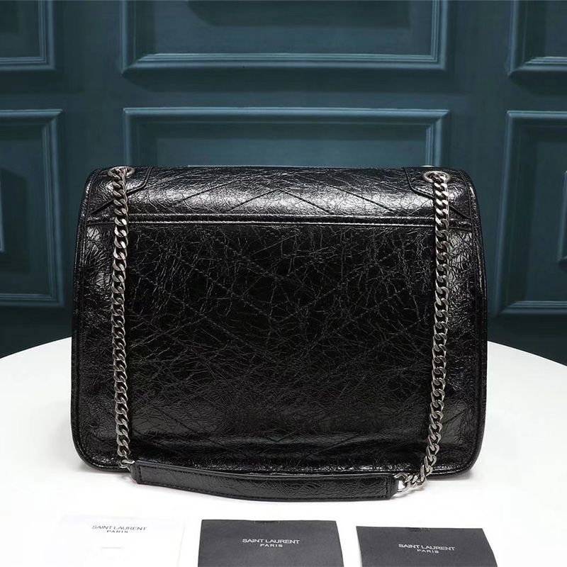 Saint Laurent Large Niki Chain Bag In Crinkled And Quilted Leather Black Silver