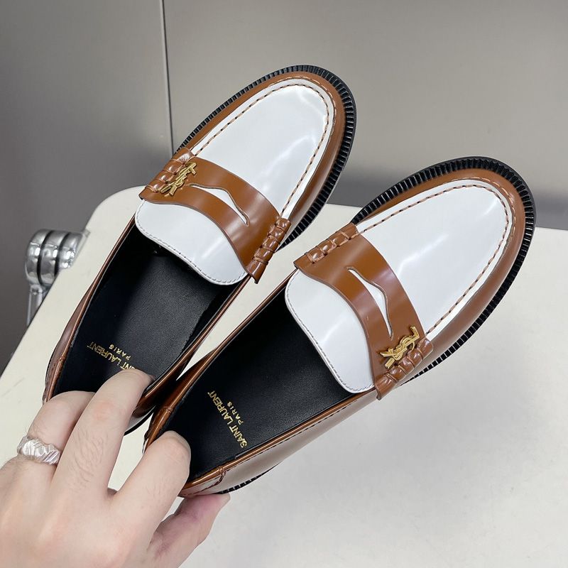 Saint Laurent Le Loafers Women Smooth Leather Brown White