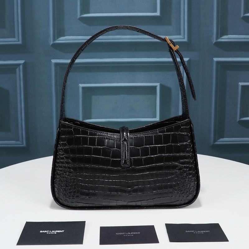 Saint Laurent Le 5 A 7 Hobo Bag In Crocodile-Embossed Shiny Leather Black Gold