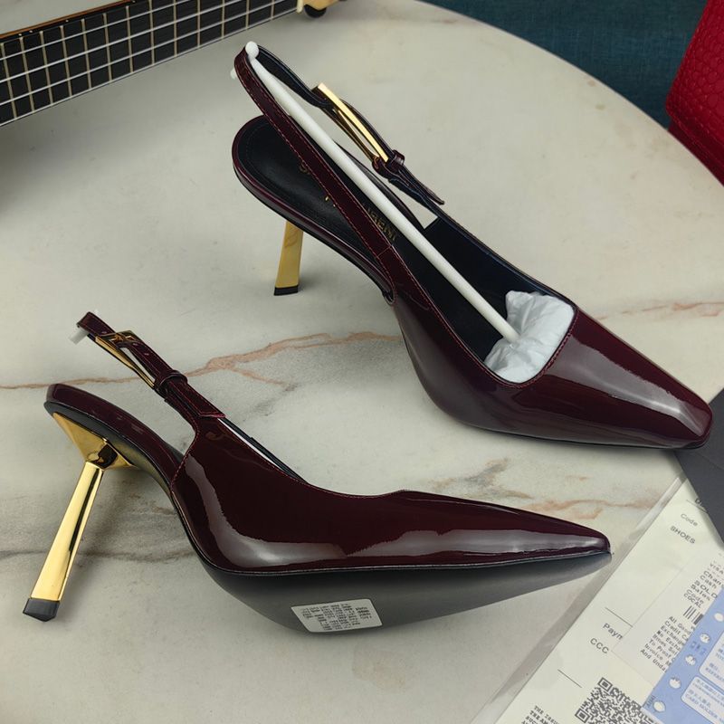 Saint Laurent Lee Slingback Pumps Women Patent Leather Burgundy Gold