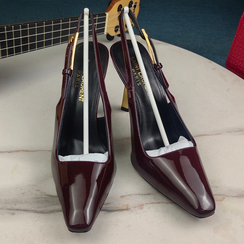 Saint Laurent Lee Slingback Pumps Women Patent Leather Burgundy Gold