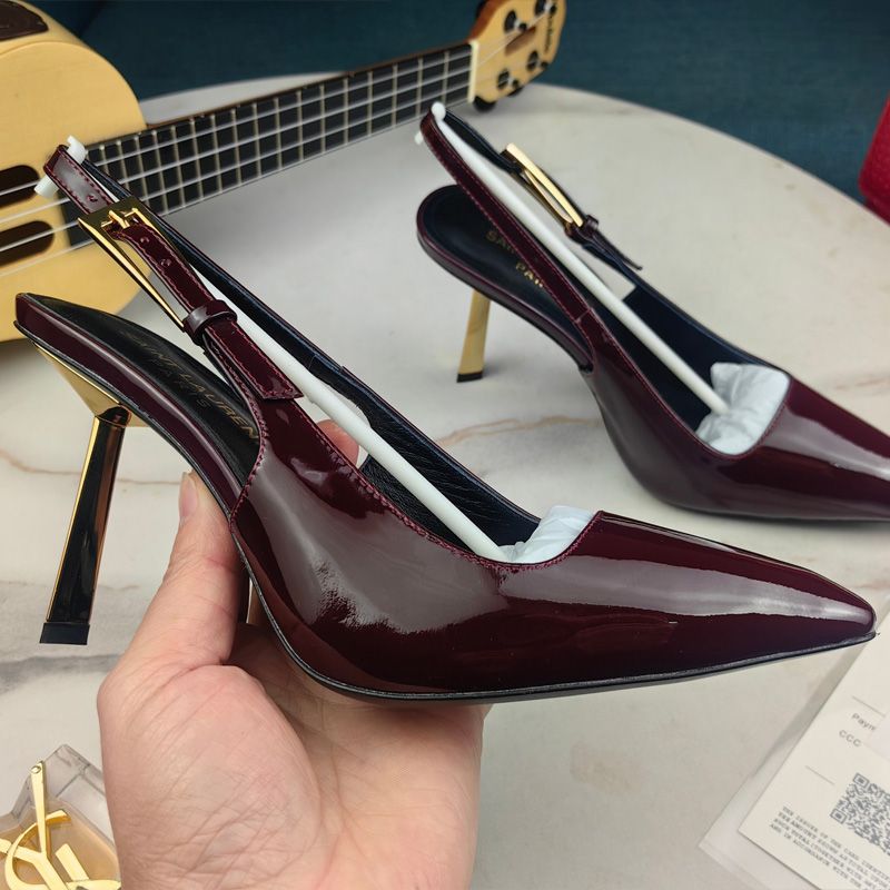 Saint Laurent Lee Slingback Pumps Women Patent Leather Burgundy Gold