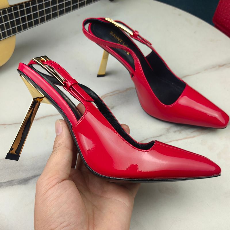 Saint Laurent Lee Slingback Pumps Women Patent Leather Red Gold