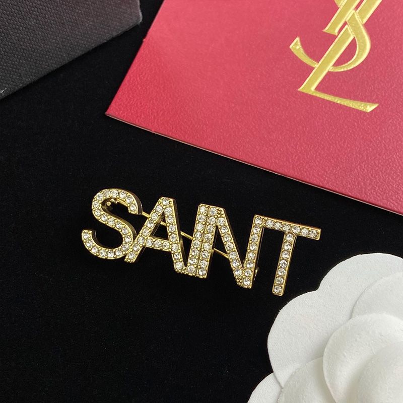 Saint Laurent Logo Brooches Set In Metal and Crystal Gold