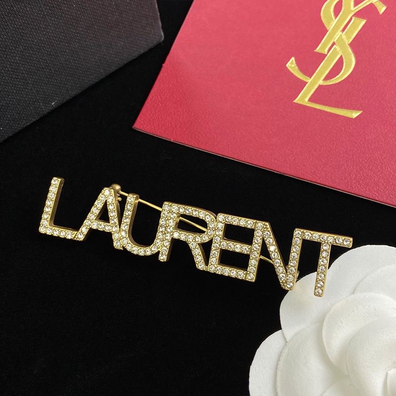 Saint Laurent Logo Brooches Set In Metal and Crystal Gold