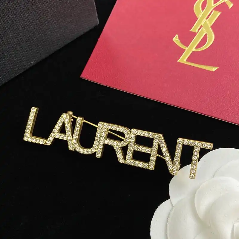 CHEAP Saint Laurent Logo Brooches Set In Metal and Crystal Gold