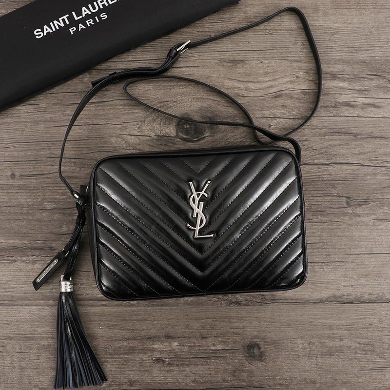 Saint Laurent Lou Camera Bag In Crinkled Matelasse Leather Black Silver