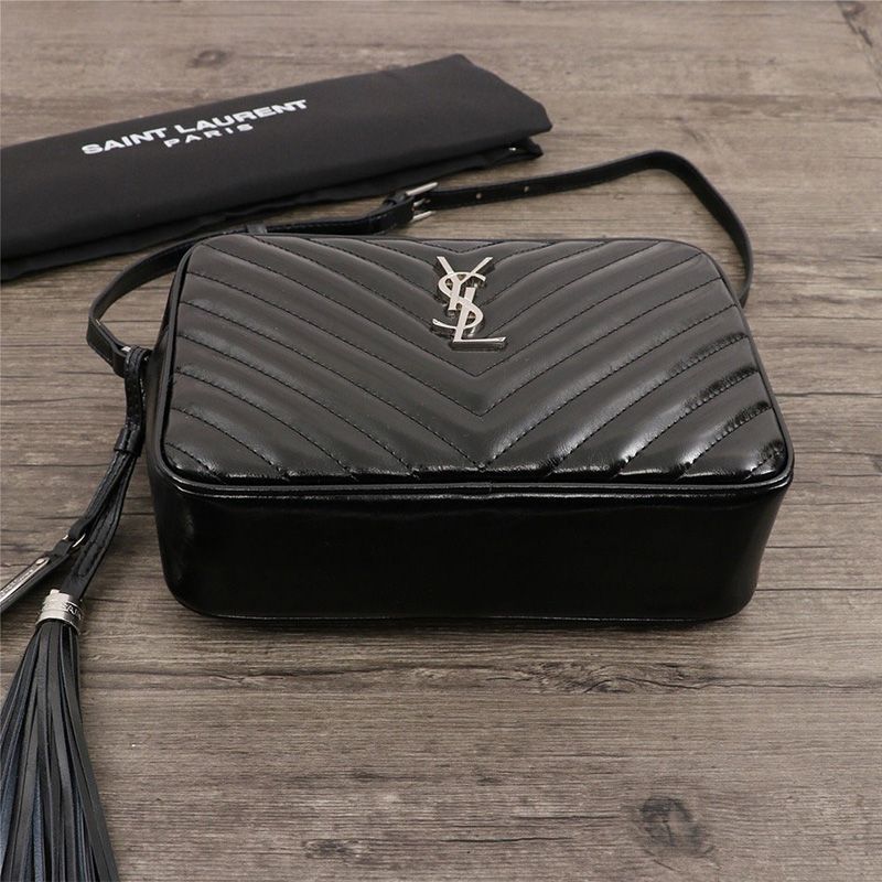 Saint Laurent Lou Camera Bag In Crinkled Matelasse Leather Black Silver