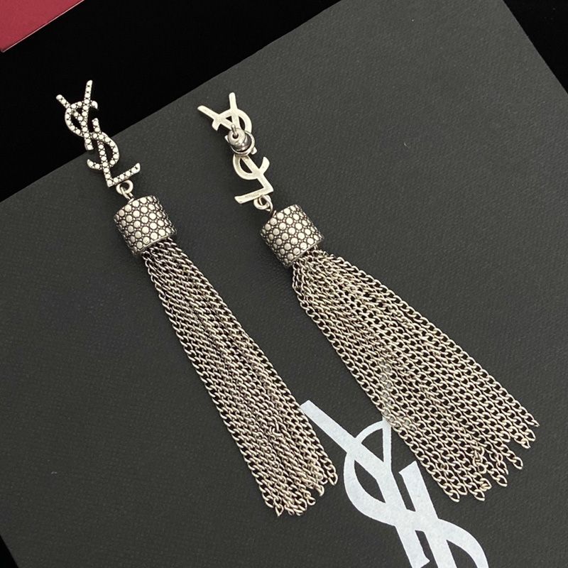 Saint Laurent Loulou Earrings With Chain Tassels In Hammered Metal Silver