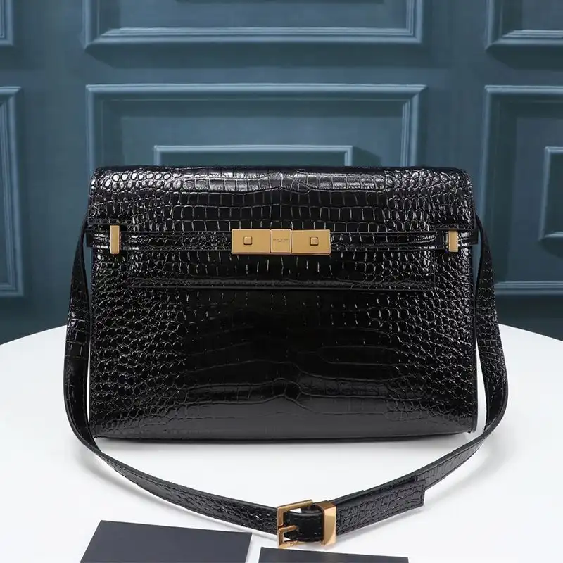 Saint Laurent Manhattan Shoulder Bag In Crocodile-Embossed Shiny Leather Black Gold