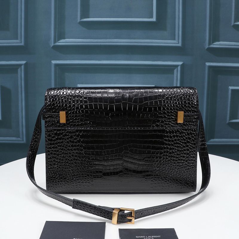 Saint Laurent Manhattan Shoulder Bag In Crocodile-Embossed Shiny Leather Black Gold