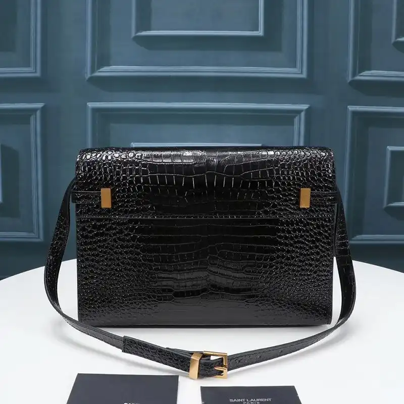 Cheap Saint Laurent Manhattan Shoulder Bag In Crocodile-Embossed Shiny Leather Black Gold