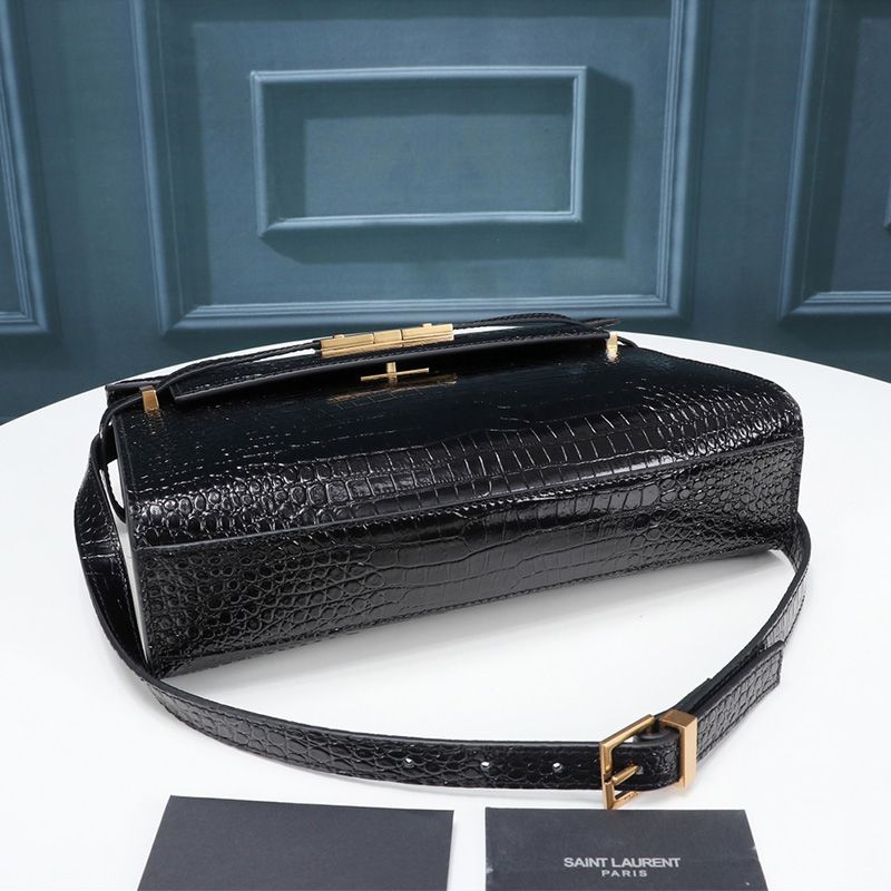 Saint Laurent Manhattan Shoulder Bag In Crocodile-Embossed Shiny Leather Black Gold