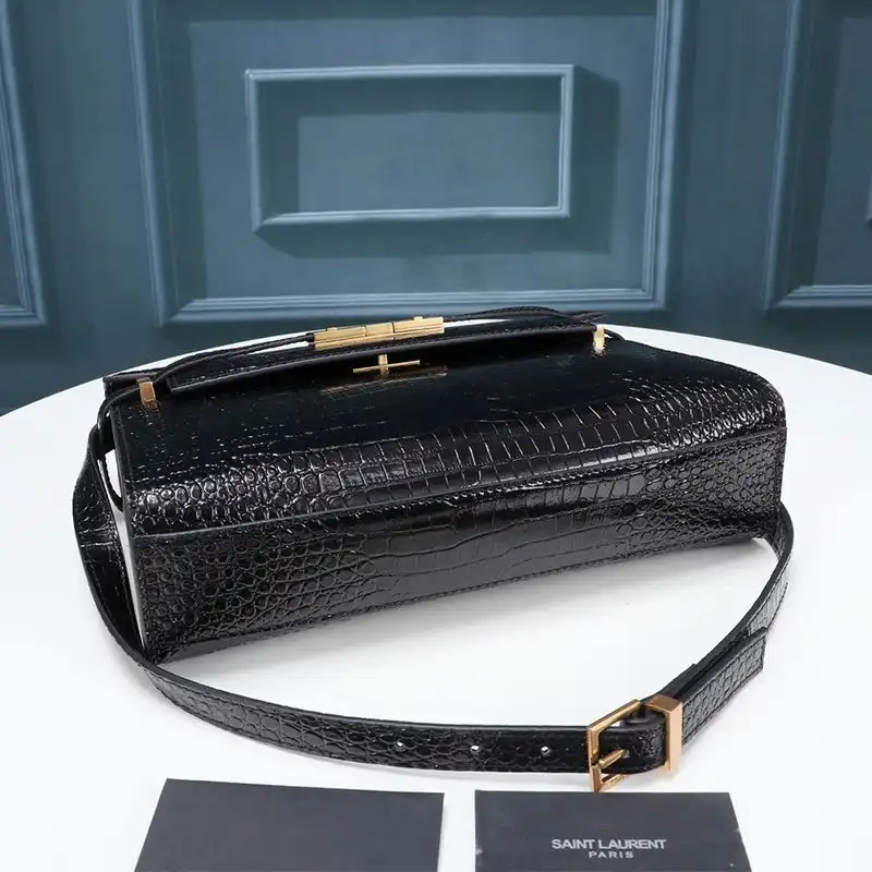 Cheap Saint Laurent Manhattan Shoulder Bag In Crocodile-Embossed Shiny Leather Black Gold