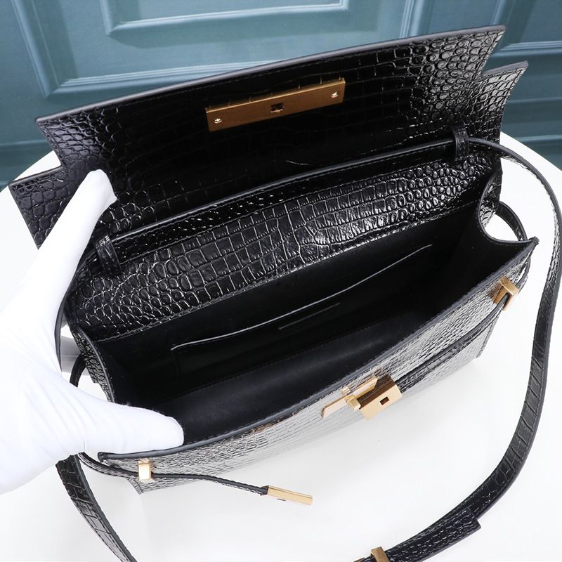 Saint Laurent Manhattan Shoulder Bag In Crocodile-Embossed Shiny Leather Black Gold