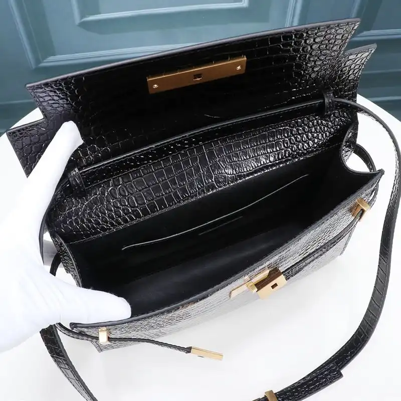 Cheap Saint Laurent Manhattan Shoulder Bag In Crocodile-Embossed Shiny Leather Black Gold