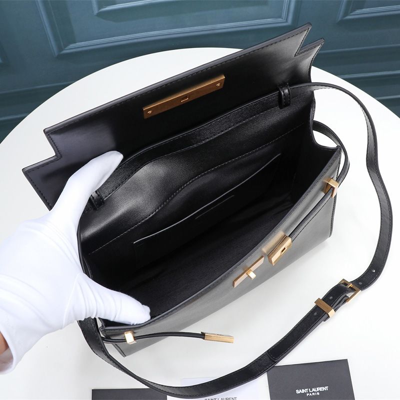 Saint Laurent Manhattan Shoulder Bag In Smooth Leather Black Gold