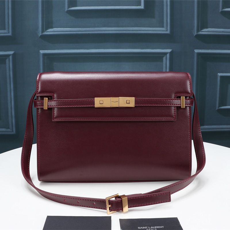 Saint Laurent Manhattan Shoulder Bag In Smooth Leather Burgundy Gold