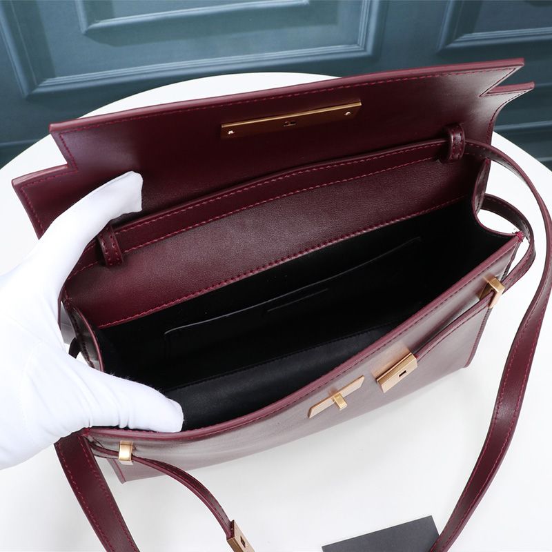 Saint Laurent Manhattan Shoulder Bag In Smooth Leather Burgundy Gold