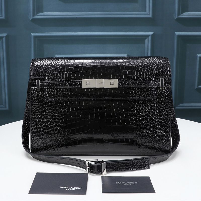 Saint Laurent Manhattan Shoulder Bag In Crocodile-Embossed Shiny Leather Black Silver