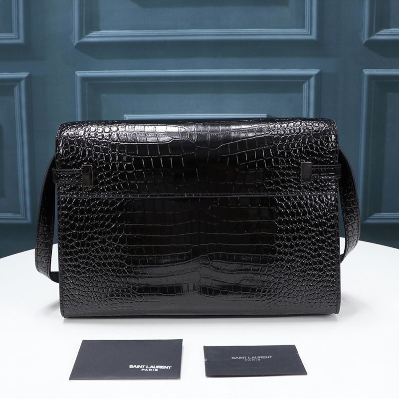 Saint Laurent Manhattan Shoulder Bag In Crocodile-Embossed Shiny Leather Black Silver