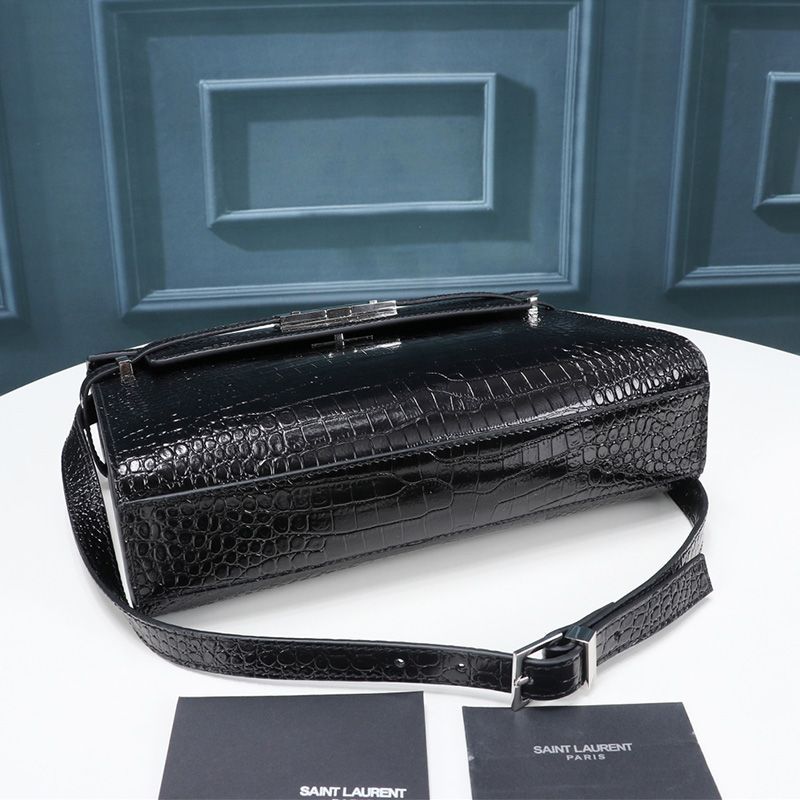 Saint Laurent Manhattan Shoulder Bag In Crocodile-Embossed Shiny Leather Black Silver