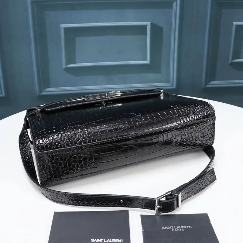 Cheap Saint Laurent Manhattan Shoulder Bag In Crocodile-Embossed Shiny Leather Black Silver