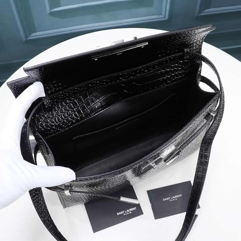 Saint Laurent Manhattan Shoulder Bag In Crocodile-Embossed Shiny Leather Black Silver