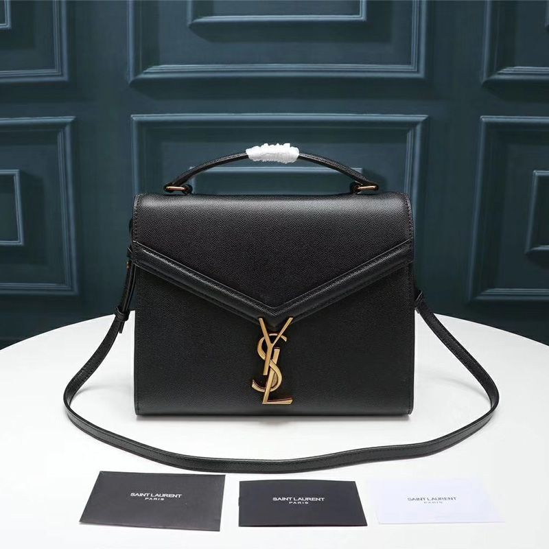 Saint Laurent Medium Cassandra Top Handle Bag In Grained Leather Black Gold