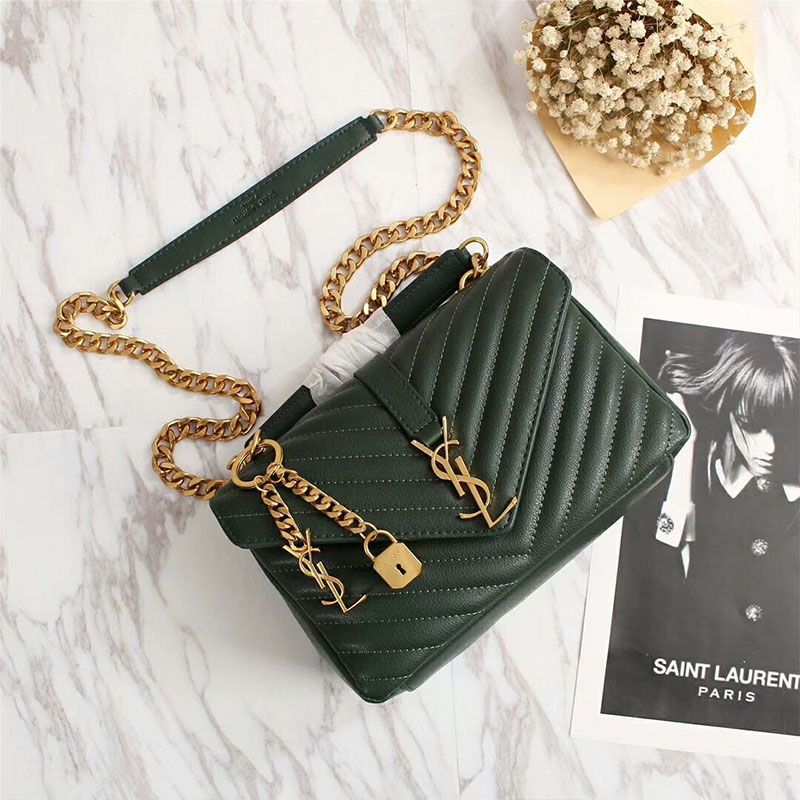 Saint Laurent Medium Classic College Chain Bag In Matelasse Leather Green Gold