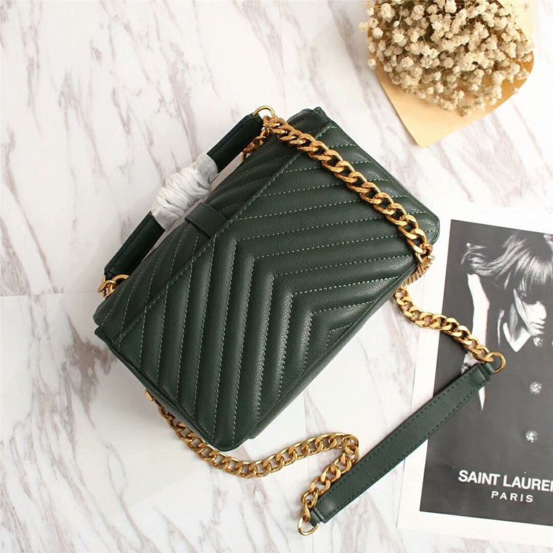 Saint Laurent Medium Classic College Chain Bag In Matelasse Leather Green Gold