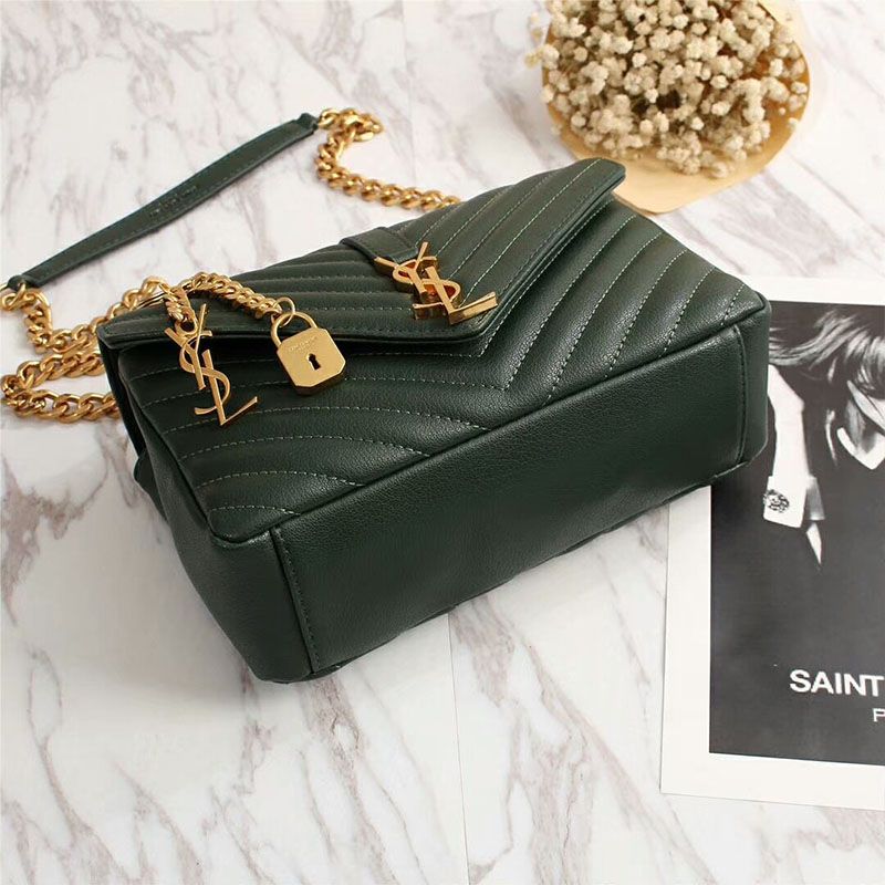 Saint Laurent Medium Classic College Chain Bag In Matelasse Leather Green Gold