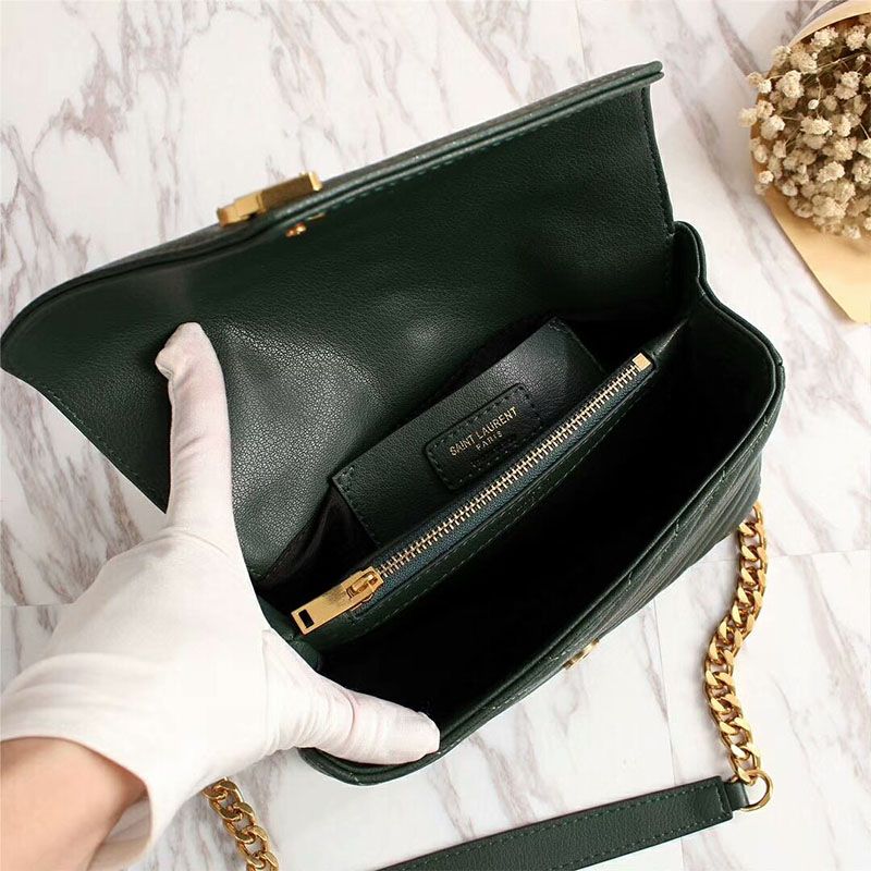 Saint Laurent Medium Classic College Chain Bag In Matelasse Leather Green Gold