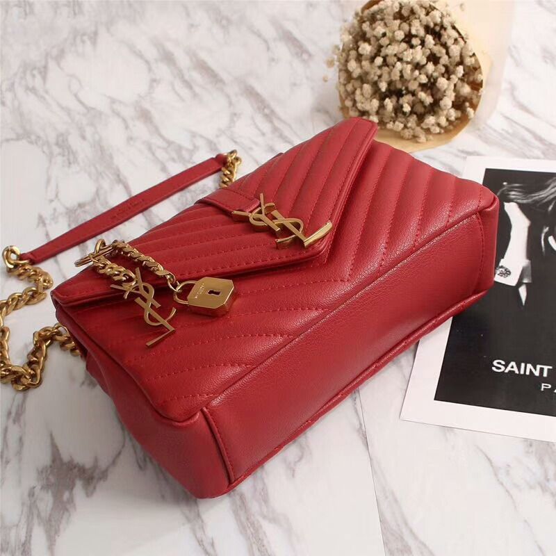 Saint Laurent Medium Classic College Chain Bag In Matelasse Leather Red Gold