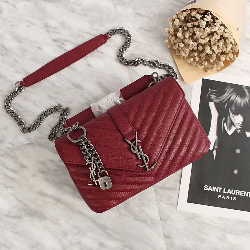 Saint Laurent Medium Classic College Chain Bag In Matelasse Leather Burgundy Silver